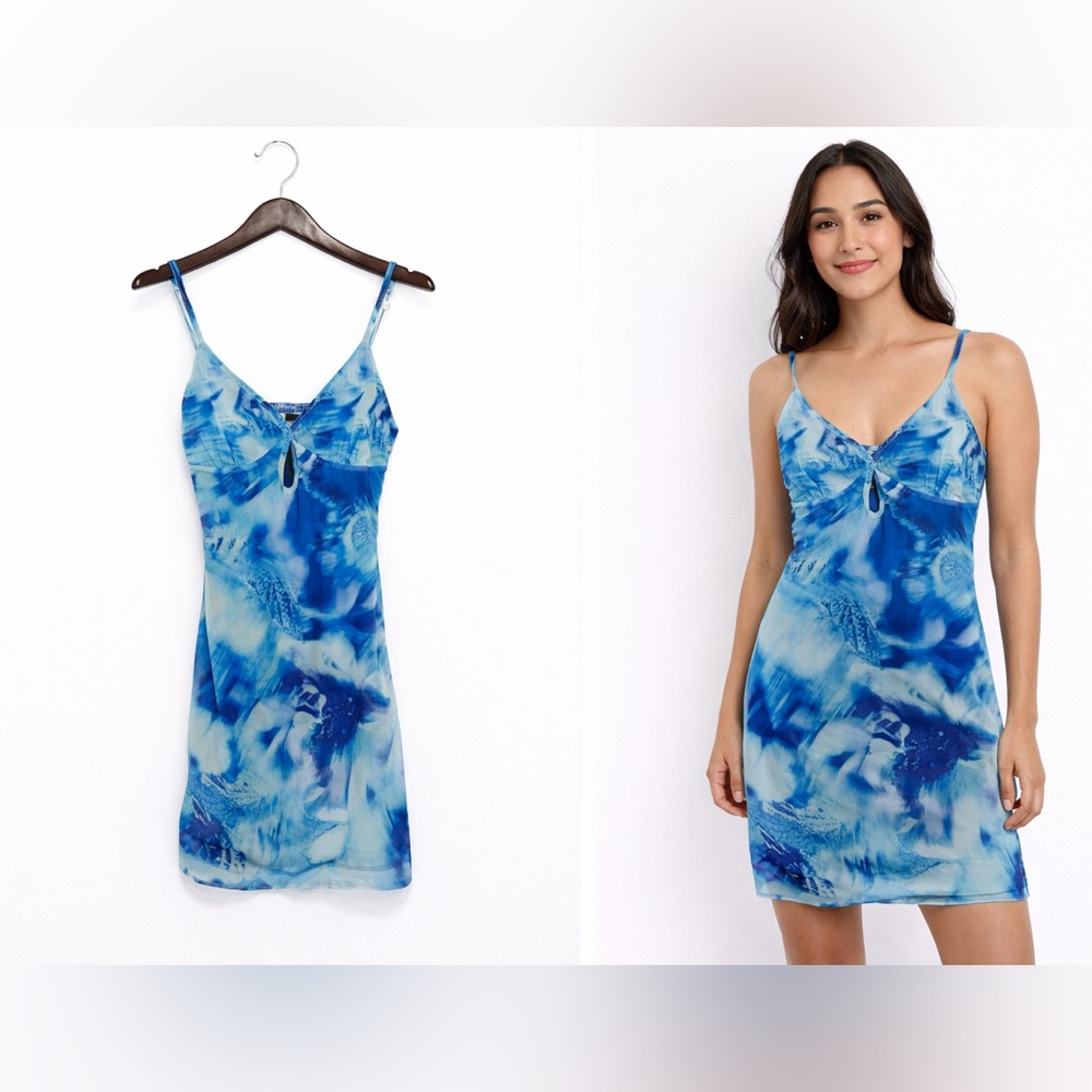 Blue Tie Dye Mini Slip Dress Spaghetti Strap Cutout Y2K Urban Outfitters